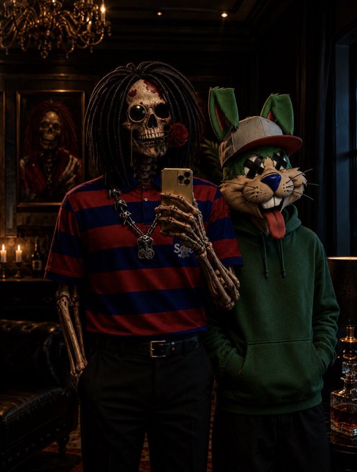 A person wearing a skull mask with dreadlocks and a red/blue striped shirt takes a selfie with a phone next to someone wearing a green bunny mascot costume in a dimly lit, ornate room.