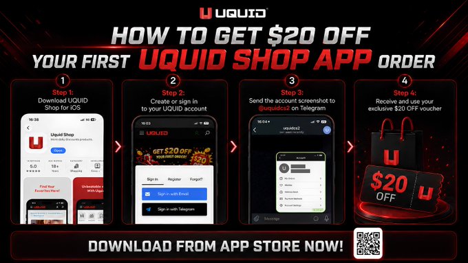 An advertisement for the UQUID Shop app outlines a four-step process to get $20 off the first order, including downloading, signing in via email or Telegram, sharing a screenshot, and receiving a voucher.
