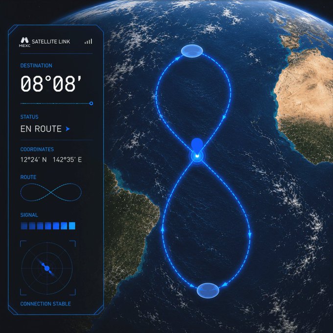 A sci-fi satellite navigation interface showing a figure-eight (lemniscate) route over Earth with coordinates 12°24' N, 142°35' E and a destination of 08°08'.