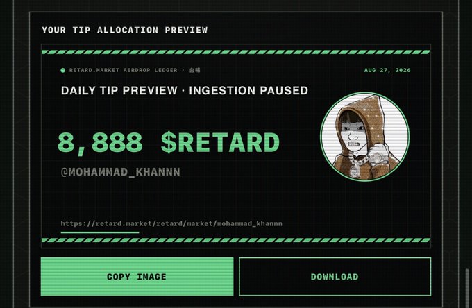 A digital interface showing a tip allocation preview from retard.market with '8,888 $RETARD' for user @MOHAMMAD_KHANNN, dated Aug 27, 2026, featuring an avatar of a hooded figure.