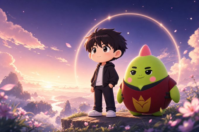 Anime-style illustration of a young boy with dark hair standing on a cliff at sunset next to a green blob-like creature, surrounded by flowers and a glowing ring in the sky.