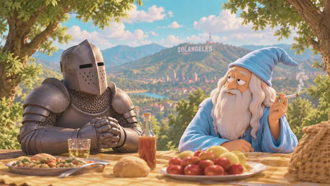 A digital illustration showing a medieval knight in armor sitting at a table across from a wizard smoking a cigarette, with a scenic landscape and Hollywood sign reading 'SOLANGELES' in the background.