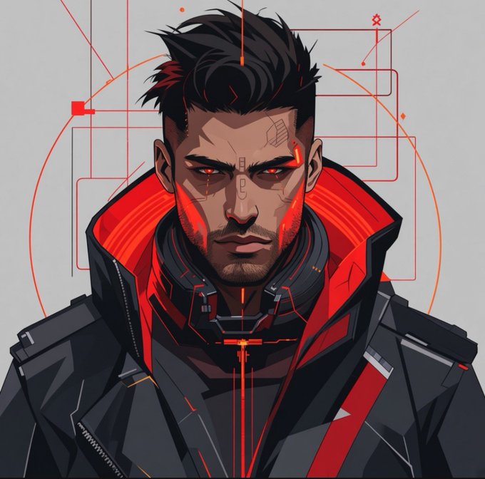 A digital art illustration of a stern man with dark hair, glowing red eyes, and red cybernetic lines/tattoos on his face, wearing a dark futuristic jacket with red accents.