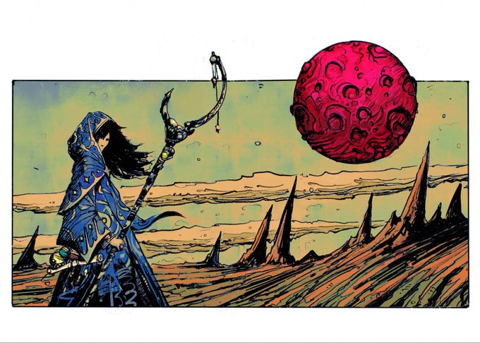 A stylized comic-style illustration of a cloaked figure holding a staff, facing a large red textured moon or planet over an alien landscape with sharp spires.