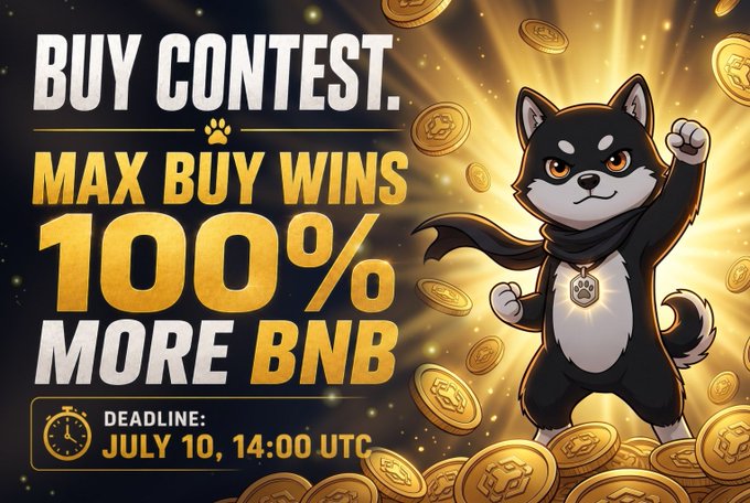 A promotional graphic featuring a heroic black Shiba Inu dog wearing a gold BNB medallion and cape, surrounded by flying BNB coins, advertising a "BUY CONTEST" where the "MAX BUY WINS 100% MORE BNB" with a deadline of "JULY 10, 14:00 UTC." The image ties to the post's bullish sentiment on $MAME by showcasing the team's community engagement through an interactive contest that could yield big rewards for participants.