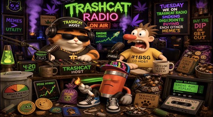 A colorful, cluttered illustration depicts "TRASHCAT RADIO ON AIR" featuring a cat DJ with sunglasses and a green laser, hosting a show with text promoting "MEMES > UTILITY" and "TUESDAY WE ON TRASHCAT RADIO."