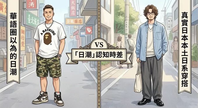 The image is a side-by-side anime-style illustration comparing two male figures labeled "華語圈以為的日潮" (What the Chinese-speaking world thinks Japanese street fashion is) on the left—wearing a BAPE graphic t-shirt, camo shorts, and high-top sneakers—versus "真實日本本土日系穿搭" (Actual Japanese native style) on the right, showing a more understated look with a light blue shirt, glasses, tote bag, and loose trousers, separated by a "VS" banner and "「日潮」認知時差" (Japanese fashion perception gap) text. This visually supports the post's point that Chinese-speaking audiences stereotype Japanese streetwear as loud, logo-heavy hypebeast fashion, while real Japanese everyday style tends to be minimalist and refined.