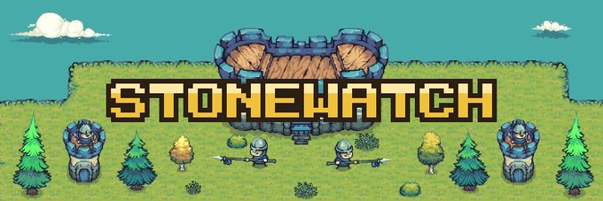 Pixel art banner for the game 'STONEWATCH' showing a stone castle, knights, archers, and trees on a grassy landscape.