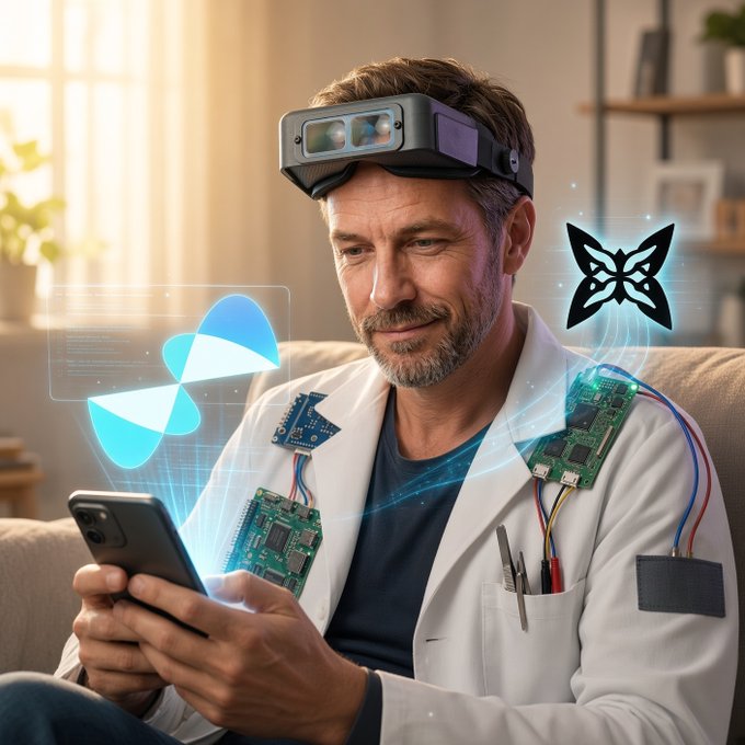 A focused engineer wearing a mixed reality headset and AR-projected circuit boards examines his smartphone, symbolizing the hands-on, technical experience of managing a quantum-resistant wallet on gQuip's testnet. The image's blend of advanced hardware overlays and casual home setting mirrors the post's tone of calm, everyday confidence in secure blockchain interactions.
