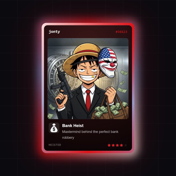 An anime-style trading card displays a grinning character in a suit and straw hat holding a gun, money bag, and a V for Vendetta mask in front of a bank vault. The card is titled "Bank Heist," labeled "Mastermind behind the perfect bank robbery," with the username "jonty," ID "#36623," and a 4-star rating, fitting the post's promotion for a heist-themed game called Heisted.