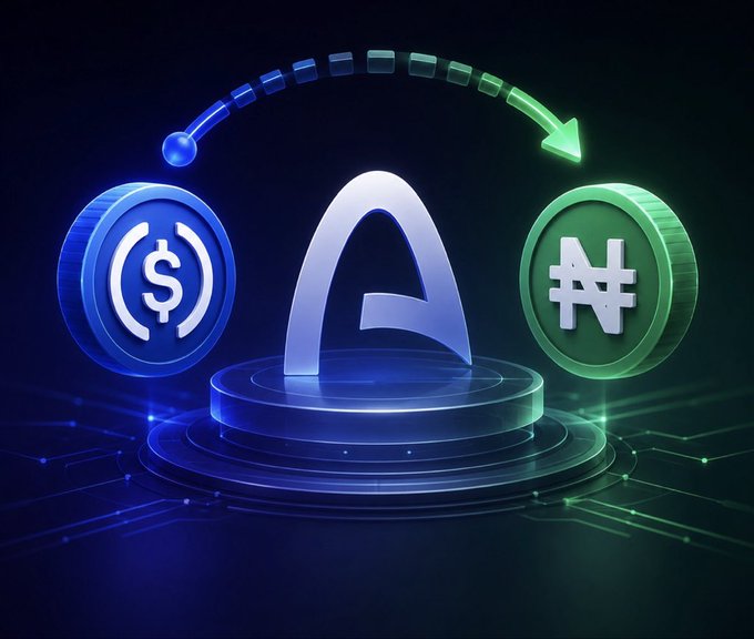 A glowing 3D render shows a USDC coin on the left, an "A" Arc logo in the center on a circular platform, and a Nigerian Naira (₦) coin on the right, connected by a dotted arrow curving from USDC to Naira. The image illustrates the concept of a peer-to-peer platform using Arc to convert USDC directly into Naira and deposit it into users' bank accounts without third-party involvement.

Key text and symbols visible: "$" (USDC), "A" (Arc), "₦" (Naira).