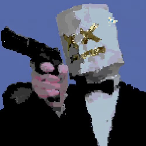 A low-resolution, pixelated digital drawing of a white, blocky figure with golden star-shaped eyes, wearing a black suit and bow tie, and holding a black gun against a solid blue background.