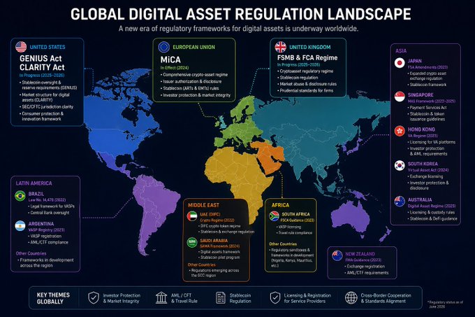 The infographic titled "GLOBAL DIGITAL ASSET REGULATION LANDSCAPE" maps key crypto and stablecoin regulatory frameworks across regions—including the U.S. (GENIUS Act/CLARITY Act), EU (MiCA), UK (FSMB & FCA Regime), Japan (FSA), Singapore (Payment Services Act), and others—while highlighting the contrast highlighted in the caption: the U.S. has passed the GENIUS Act but still lacks final stablecoin rules, leaving infrastructure gaps as regulators worldwide establish frameworks like stablecoin oversight, market integrity, and AML/CFT standards.