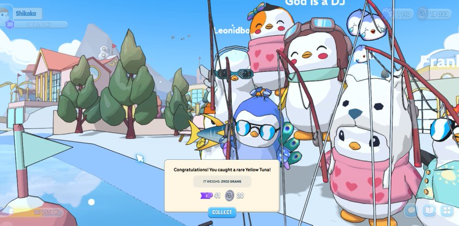 A screenshot from a penguin-themed fishing game showing a group of penguins in winter gear with a notification that reads 'Congratulations! You caught a rare Yellow Tuna!' weighing 2902 grams.