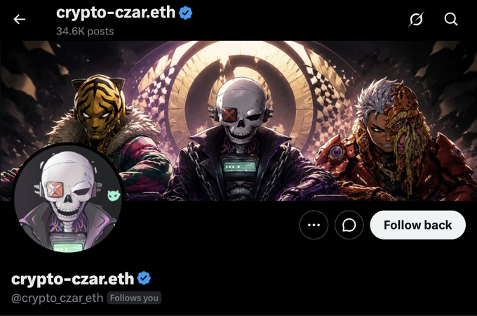 A screenshot of the verified X (Twitter) profile "crypto-czar.eth" (@crypto_czar.eth) with 34.6K posts, featuring a cyberpunk-style header banner of three armored characters and a skull profile avatar, fitting the post's tone of announcing a notable figure ("a legend").