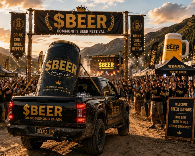 A promotional scene for the '$BEER Community Beer Festival' features a black pickup truck carrying a giant '$BEER' can, surrounded by a crowd and banners reading 'Drink. Chill. Hold. Repeat.'