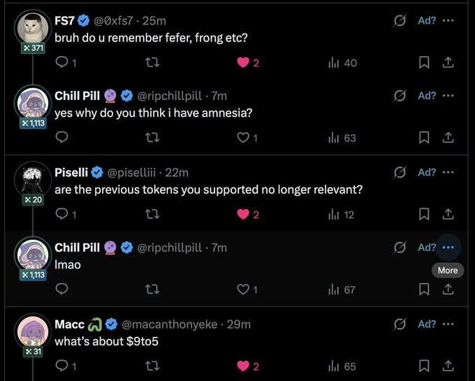 A Twitter/X thread showing tweets from FS7, Chill Pill, Pisellii, and Macc discussing topics like fefer, frong, and $9to5 tokens.