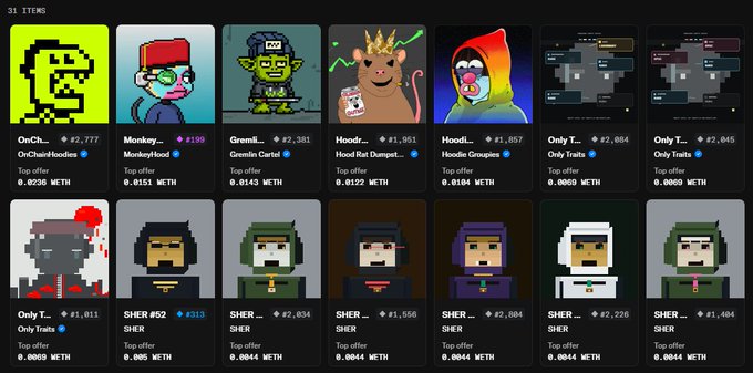 The image displays a NFT collection grid featuring 31 items with various pixel-art and cartoon characters, including pixelated figures, hooded characters, and monsters, priced between 0.0005 and 0.0236 METH. It showcases NFT prizes from multiple collections (Sherwoods, Frongs, Only Traits, HoodieGroupies, OnChainHoodies, GremlinCartel, HoodieRumpus, and Monkeyhood) that have been added to the Sherwood Forest Draw prize pool.