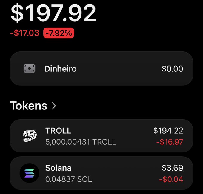 A cryptocurrency portfolio screen showing a total balance of $197.92 (down -7.92%), with "TROLL" tokens valued at $194.22 and Solana (SOL) valued at $3.69.