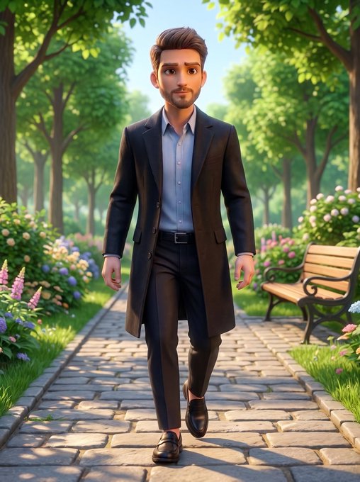 A 3D animated-style illustration of a bearded man in a black coat and shirt walking on a cobblestone path in a lush green park with benches.