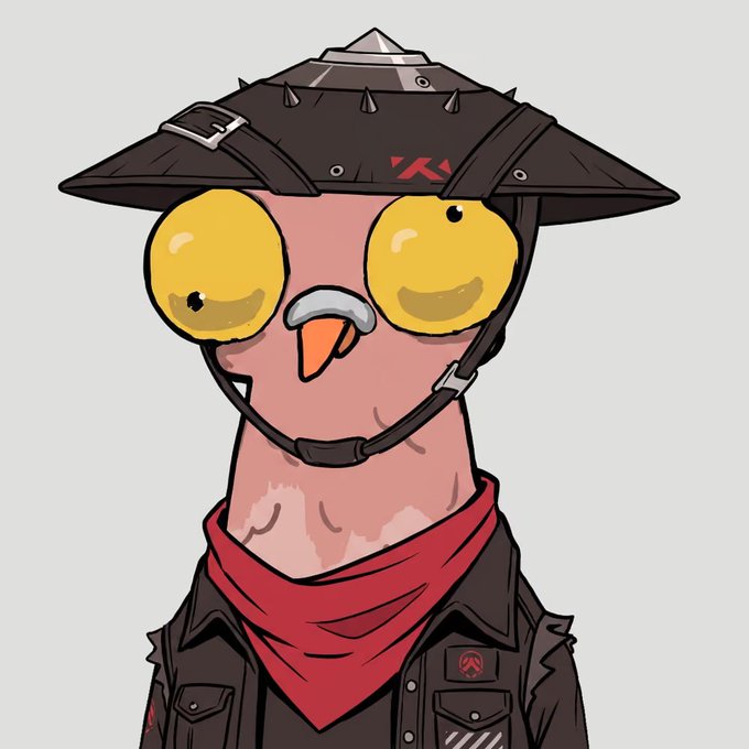 A cartoon pigeon character wearing a black spiked cowboy hat, red bandana, and studded leather jacket with a small red "P" logo, complimenting the post about receiving a 1/1 NFT from the Pigeon Crew collection, whose signature pigeon mascot is depicted in the artwork.