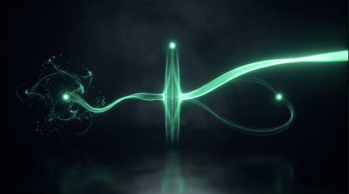 A glowing green abstract digital illustration shows light streams flowing through a central vertical structure with particles swirling on the left side, set against a dark background.