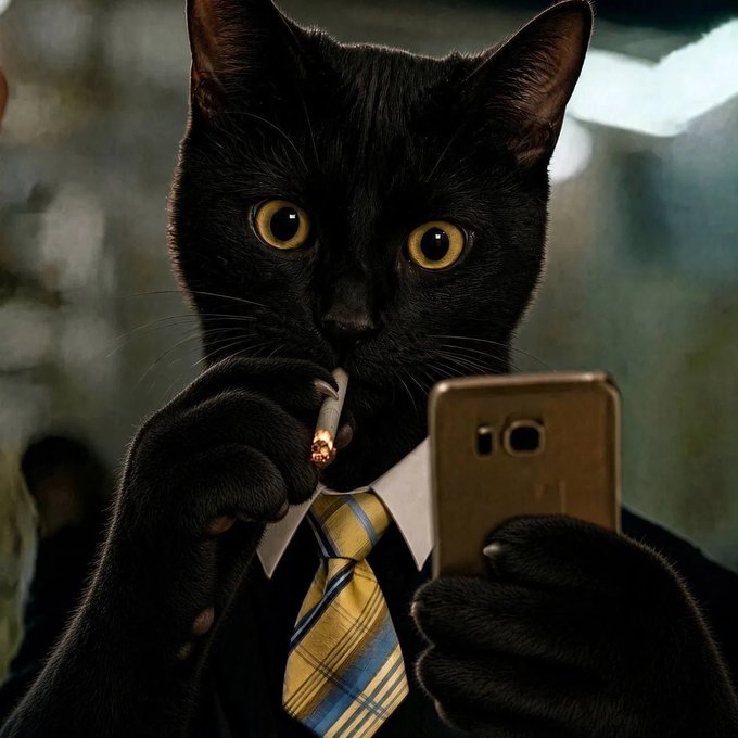 A surreal AI-generated image of a black cat with yellow eyes wearing a yellow and blue striped tie and white shirt, holding a lit cigarette in one paw and a gold smartphone in the other.