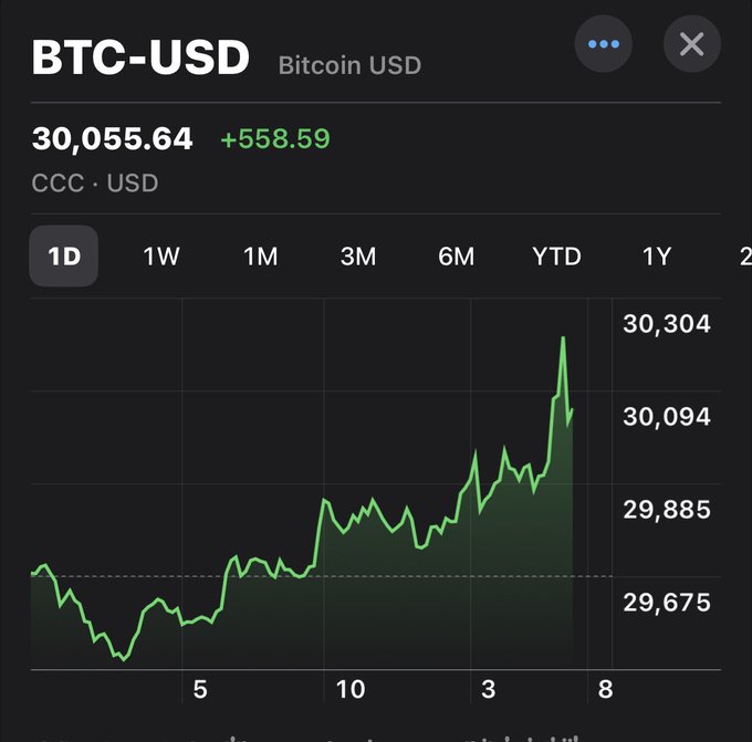 A financial chart displaying BTC-USD (Bitcoin USD) priced at $30,055.64, up $558.59, with an upward-trending green line graph on a 1D timeframe.