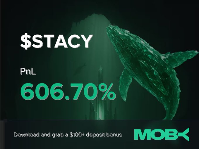 A promotional banner for Moby Mobile featuring a green crystal whale graphic alongside the headline "$STACY" and a bold "PnL 606.70%," highlighting a trader's massive 606.70% profit on the $STACY token, with a call-to-action offering a $100+ deposit bonus.