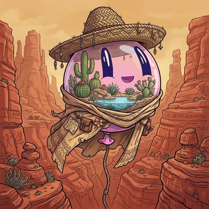 A pink cartoon character wearing a straw cowboy hat with a desert scene inside it, labeled '1/1 · DESERT ADVENTURER', set against a canyon background.
