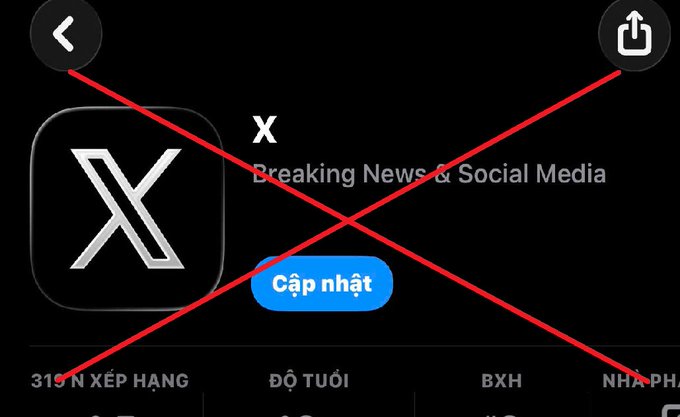 An app store listing for the X app showing 'Breaking News & Social Media' as the subtitle with a red 'X' mark crossed over the entire image.