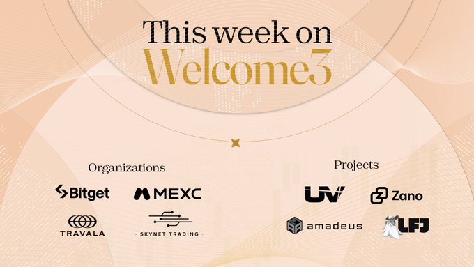 A peach-colored graphic titled 'This week on Welome3' listing organizations (Bitget, MEXC, Travala, Skynet Trading) and projects (UW, Zano, Amadeus, LFG).