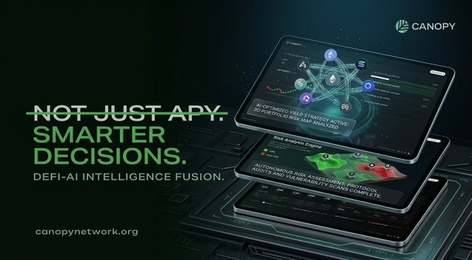 A promotional graphic for Canopy Network reading 'NOT JUST APY. SMARTER DECISIONS. DEFI-AI INTELLIGENCE FUSION.' with the URL canopynetwork.org.
