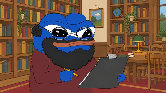 An illustration of a blue cartoon character with a thick black beard and glasses writing on a clipboard in a library setting.