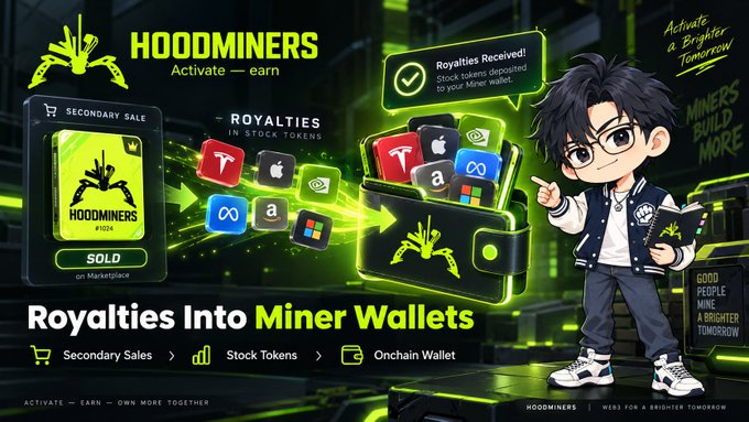 A promotional graphic for 'HOOOMINERS' features a chibi-style character and illustrates how royalties from secondary sales of stock tokens flow into miner wallets, with the tagline 'Activate — earn — own more together.'