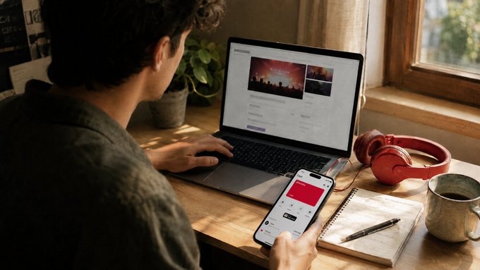 A person sits at a wooden desk using a laptop displaying what appears to be the RedotPay platform while simultaneously checking their smartphone showing the RedotPay mobile app interface. Surrounding items include red headphones, a notebook with pen, and a coffee mug, illustrating the convenience and security of managing transactions on the go.