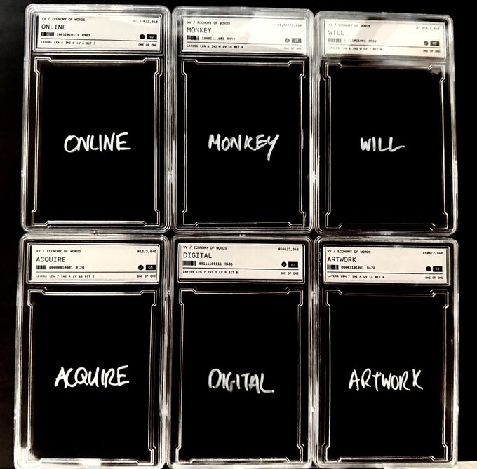 Six graded trading cards in protective cases labeled 'ECONOMY OF WORDS' displaying the words: ONLINE, MONKEY, WILL, ACQUIRE, DIGITAL, and ARTWORK.