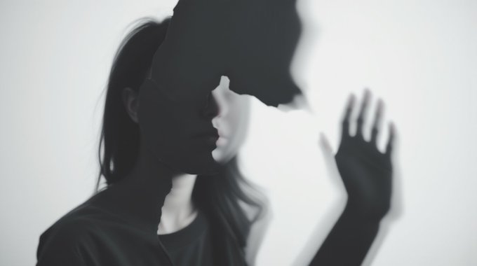 An artistic black and white image of a woman with a blurred dark shape obscuring her eyes while her hand is pressed against a glass surface.