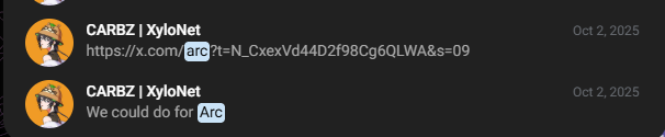 The image shows two tweets from CARBZ | XyloNet dated Oct 2, 2025, where they shared a link to Arc and said "We could do for Arc," recalling the early days of their involvement with the Arc project just before its Mainnet launch.