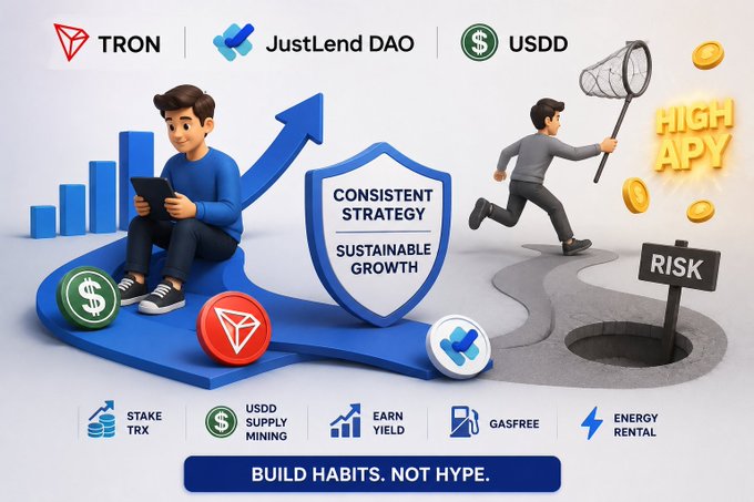 A promotional graphic for TRON, JustLend DAO, and USDD featuring 3D characters and icons, with text including 'CONSISTENT STRATEGY', 'SUSTAINABLE GROWTH', 'HIGH APY', and 'BUILD HABITS. NOT HYPE.'