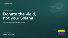 A dark teal campaign image with a faint waving hand graphic and the text "Donate the yield, not your Solana - Venezuela Earthquake Relief" from G Network, featuring a Venezuelan flag.