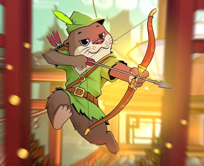 This image shows a cartoon otter dressed as Robin Hood, aiming an arrow. The image relates to the post by visually representing a character taking aim ("the shot has been taken") and encouraging readers to join "the Raft" on kelpweavers.xyz.