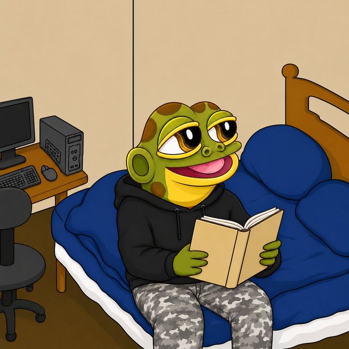 Cartoon image of a green frog character in a black hoodie and camouflage pants sitting on a blue bed reading a book next to a computer desk.