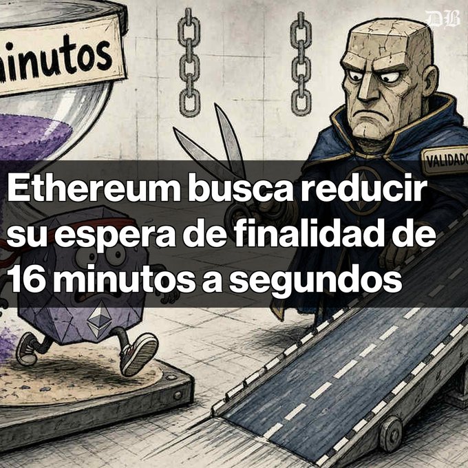 An illustration showing a stone-headed figure with scissors and an hourglass next to a running Ethereum logo character, with Spanish text reading 'Ethereum busca reducir su espera de finalidad de 16 minutos a segundos'.