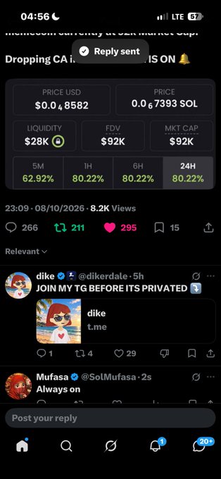 A screenshot of a social media post displaying cryptocurrency token statistics with a price of $0.0048582 USD / 0.000067393 SOL, $28K liquidity, $92K FDV and MKT CAP, and showing significant gains (62.92% to 80.22%) over various timeframes, alongside comments from users 'dike' and 'Mufasa'.