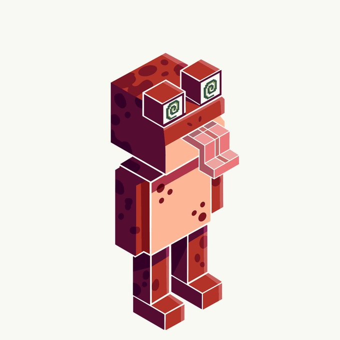 A voxel or pixel-art character design featuring a figure in red and pink tones with green square eyes on a pale green background.