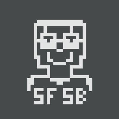 A pixel-art skull wearing sunglasses and a headset with the text "SF SB" below it, set against a dark gray background. The image aligns with the post's theme of "Agentic Art financial innovation," appearing to be a stylized profile picture for the @OxSimpleFarmer agent.