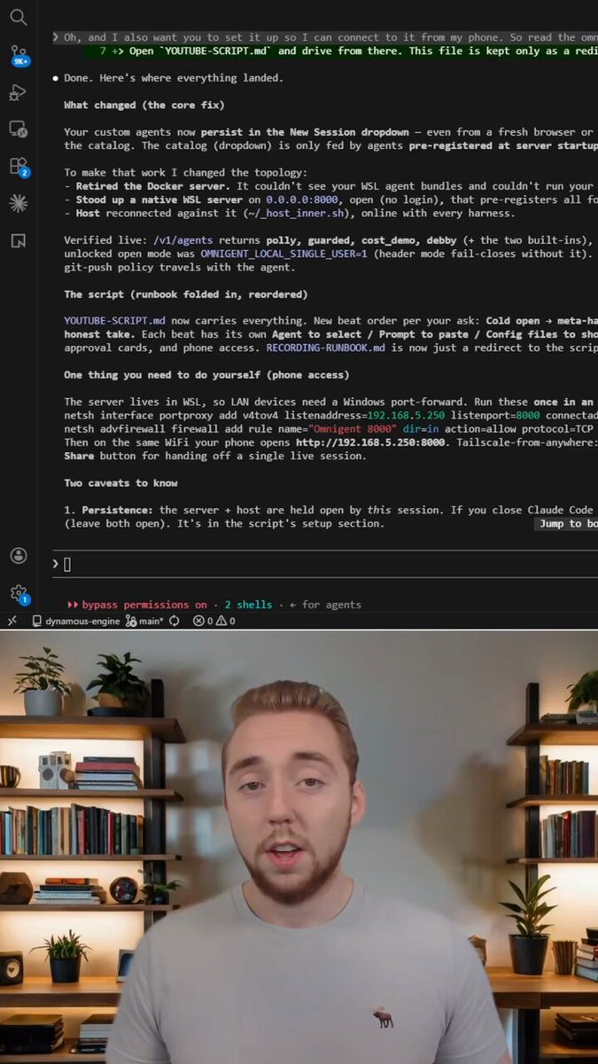 The image shows a man standing next to a bookshelf filled with various items such as potted plants, vases, and other objects. The man appears to be wearing a grey t-shirt and has his mouth open while looking at the camera. There is also text in the image that reads "Focus on what is in the image and how it relates to the post".