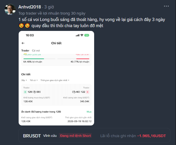 A screenshot of a Vietnamese trading post showing details for a short position on 'Cá voi' (BRUSD), with a P&L of -1,965.16 USDT.