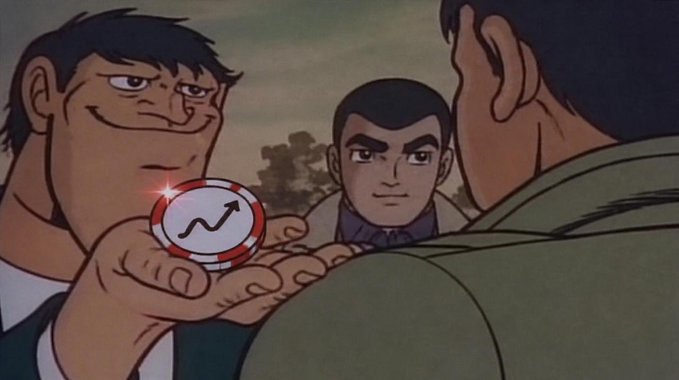 An animated scene shows a grinning man presenting a glowing coin or token marked with a rising arrow to another man.